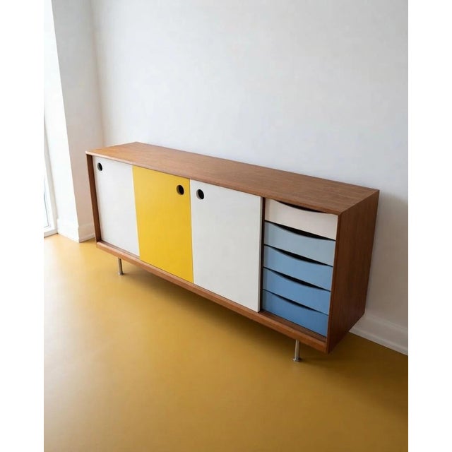 Vintage 1950s Danish teak sideboard, W. 200 D. 45 H. 93 cm. Dimensions: Width: 200 cm Depth: 45 cm Height: 93 cm Design...