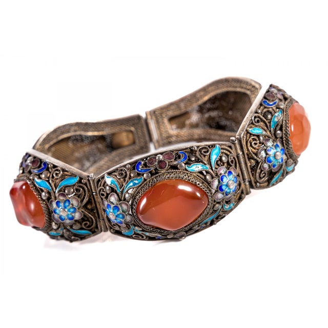 Chinese Large 8" Chinese Silver Filigree Bracelet With Carnelian and Enamel, 1930s–40s Export For Sale - Image 3 of 11