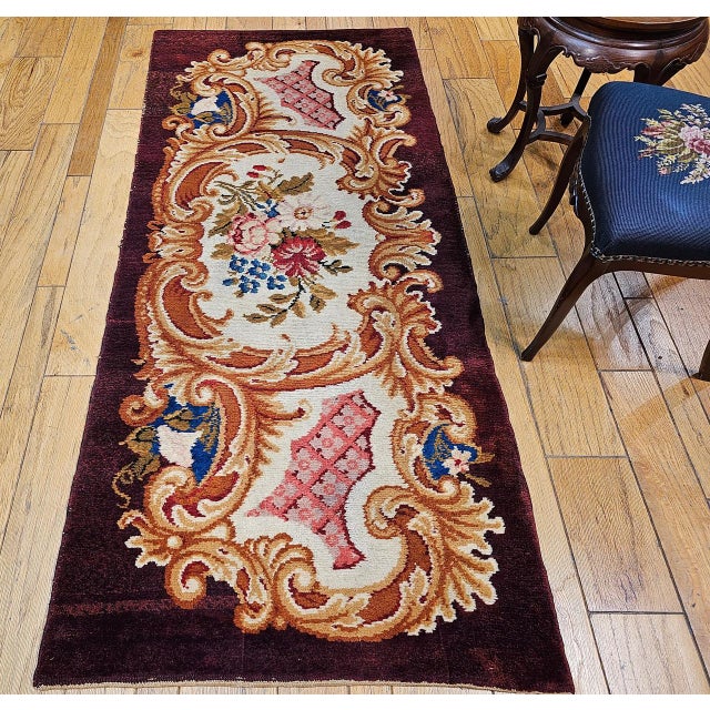 Vintage French Savonnerie Rug, Hand-Knotted Wool, Floral Pattern, Chocolate Brown & Ivory, 3’ X 7' For Sale - Image 9 of 12