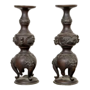 Antique Japanese Bronze Candlesticks Incense Holders