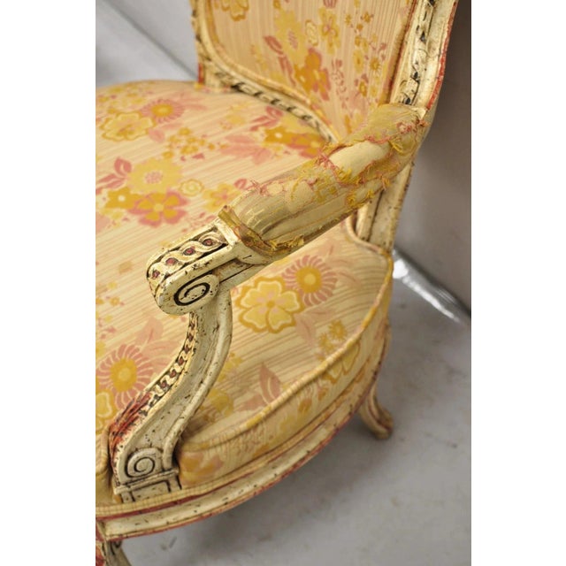 Beige Vintage French Louis XV Style Cream and Red Painted Low Boudoir Fauteuil Chair For Sale - Image 8 of 12