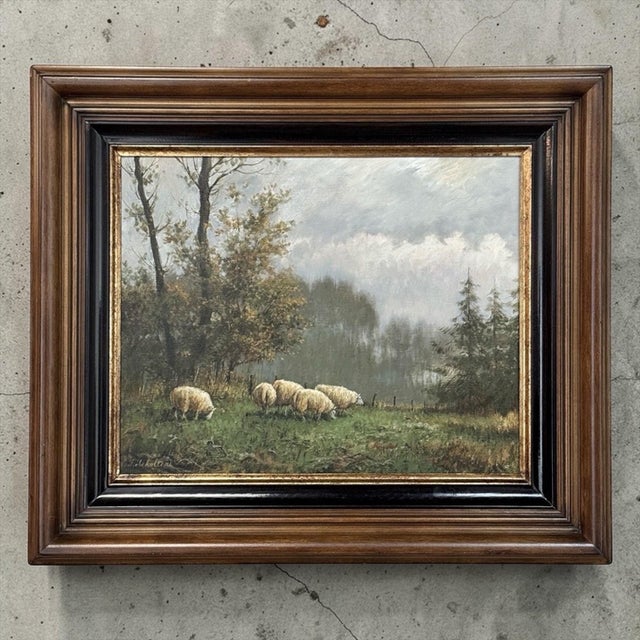 Framed Oil Painting on Canvas by F. Schloten 'Sheep in the Meadow' is a peaceful pastoral painting captures a familiar...