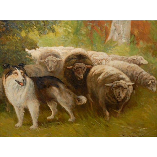 Textile William Henry Drake 1917 Oil on Canvas Painting of Sheep and Dog in Landscape For Sale - Image 7 of 8