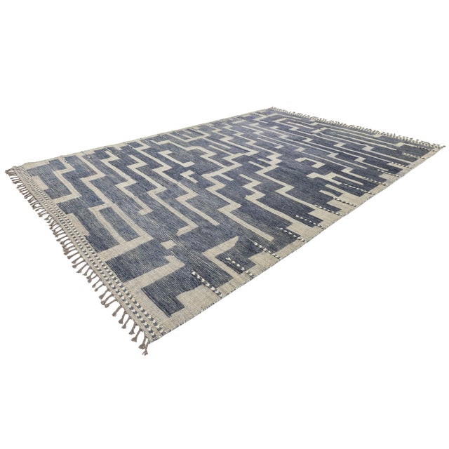 10x14 Modern Maze Blue & Cream Moroccan Geometric Handmade Wool Rug For Sale - Image 9 of 11