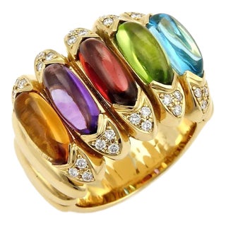 Diamond & Multicolor Gems 18k Yellow Gold Large Band Ring - Size 7 For Sale