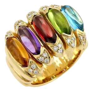 Diamond & Multicolor Gems 18k Yellow Gold Large Band Ring - Size 7