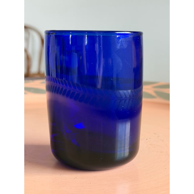 Art Deco Style Cobalt Blue Glasses, Set of 7 Hand Blown Lowball Glassware Set For Sale - Image 11 of 16