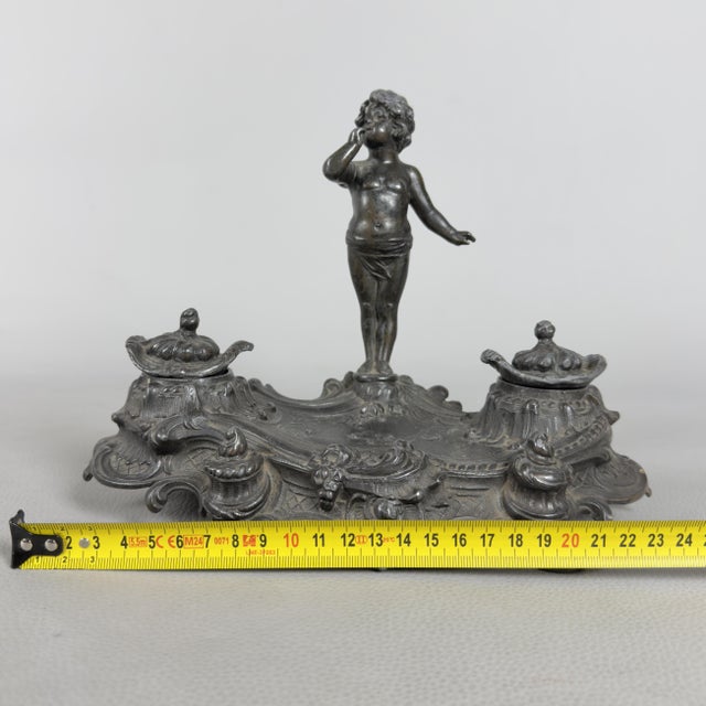 Inkwell for Writing Desk with Winged Putto in Burnished Antimony, 20th Century For Sale - Image 9 of 12