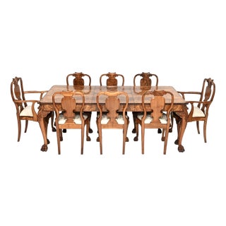 Vintage Queen Anne Style Dining Table and Chairs in Burr Walnut, 1920, Set of 9 For Sale