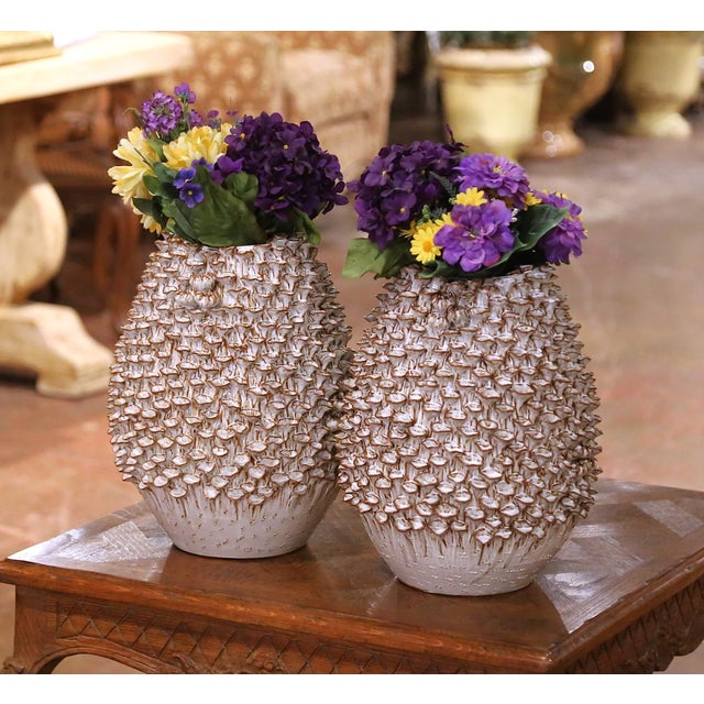 French Pair of Contemporary French Ceramic Vases With Mushroom-Inspired Organic Relief For Sale - Image 3 of 9