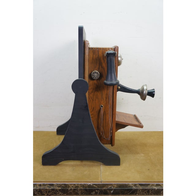 Sears, Roebuck & Compnay Antique Sears Roebuck & Co Oak Hand Crank Wall Telephone Phone on Stand 24" For Sale - Image 4 of 18