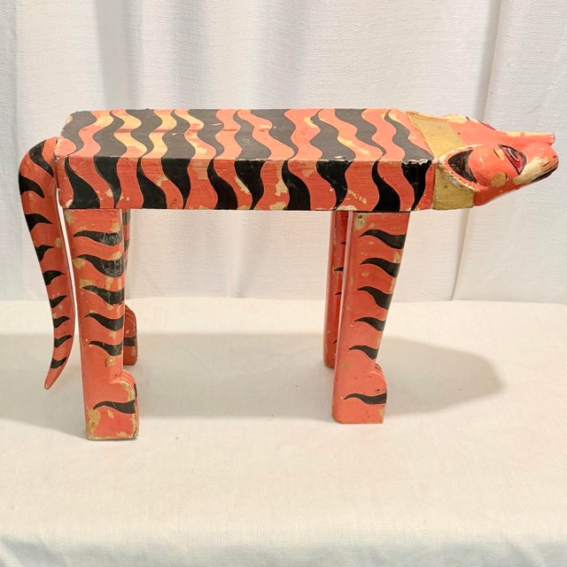 Figurative Mid-Century Artist Signed Carved Folk Art Tiger Footstool For Sale - Image 3 of 12