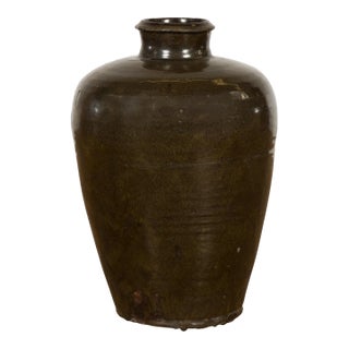 Vintage Dark Brownish Green Glazed Ceramic Storage Jar with Tapering Lines For Sale