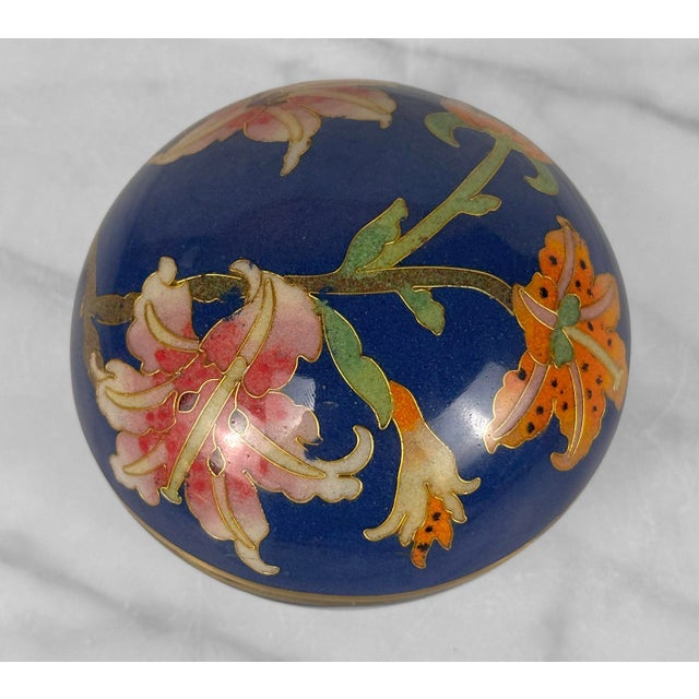 Metal Vintage Chinese Cloisonne Blue Enamel Floral Round Storage Box For Sale - Image 7 of 8