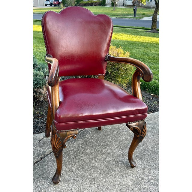 1940s Carved Wood Library Chair Vintage English Regency Style 40s For Sale - Image 5 of 12