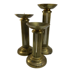 Vintage Solid Brass Candle Holder Art Deco Pillar Round Candles - Set of 3