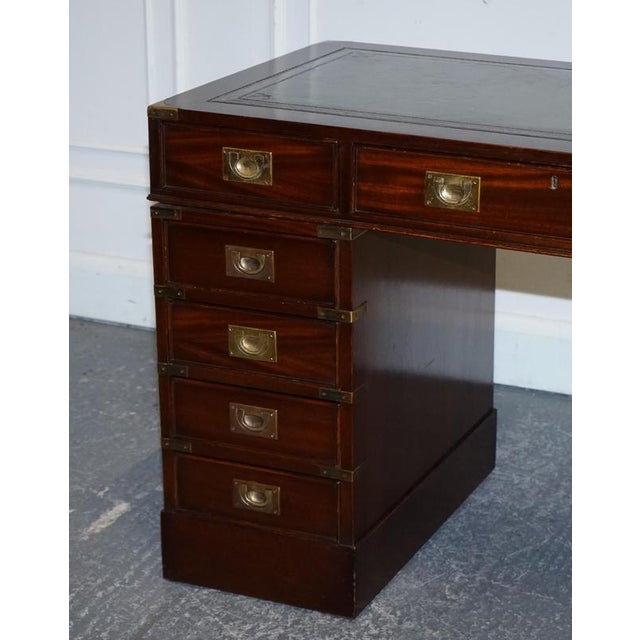 Fine Military Campaign Twin Pedestal Desk with Green Leather Top For Sale - Image 5 of 18