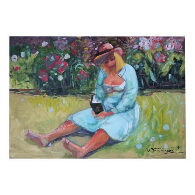 Uldis Krauze, Solvita in the Garden, 1990, Oil on Cardboard For Sale