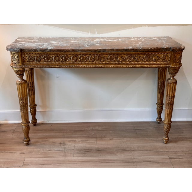 French Late 18th Century French Carved Giltwood Marble Top Console Table For Sale - Image 3 of 13