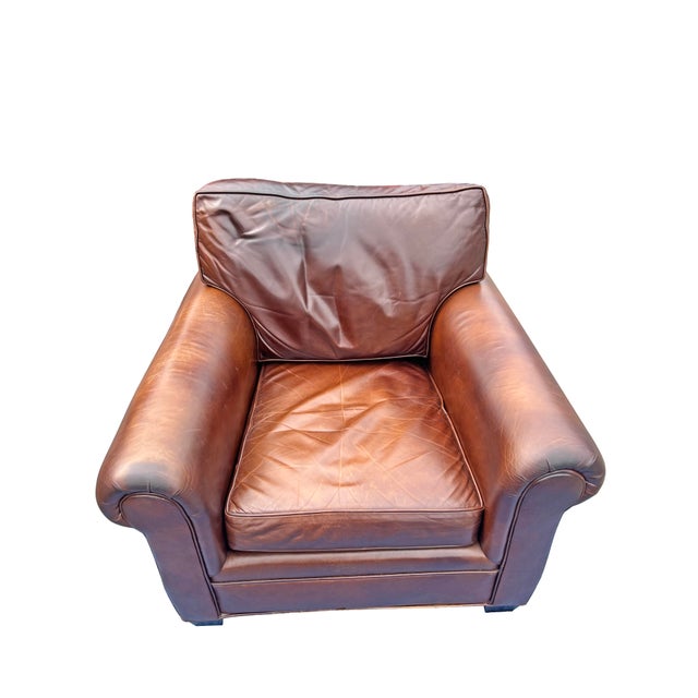 Traditional Vintage Restoration Hardware Style Leather Chair and Ottoman Set For Sale - Image 3 of 9