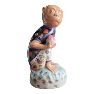 Chinese Vintage Porcelain Monkey Figurine Holding a Pear. Stamped on Bottom. For Sale