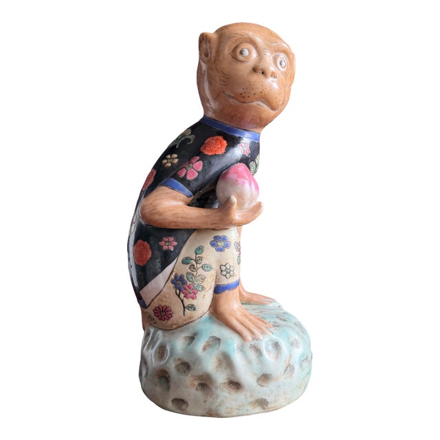 Chinese Vintage Porcelain Monkey Figurine Holding a Pear. Stamped on Bottom. For Sale