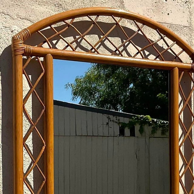 Cinnamon Vintage Coastal Arched Rattan Trellis Wall Mirror For Sale - Image 8 of 10