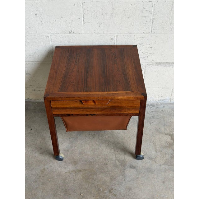 Rosewood Sewing Table Side End Nightstand With Drawer and Rolling Wheels Denmark 1960s For Sale - Image 4 of 9