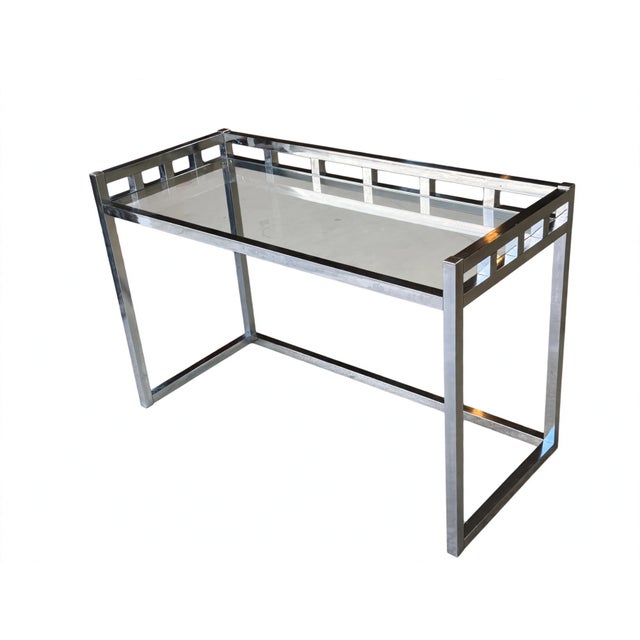 1970s Willy Rizzo–Style Chrome & Glass Writing Desk | Geometric Hollywood Regency Console Table Bring sculptural...