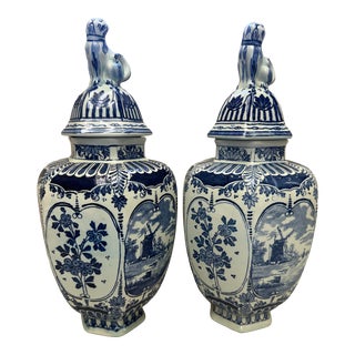 Early 20th Century Antique Blue Delft Ginger Jar by Boch With Foo Dog Finials- a Pair For Sale