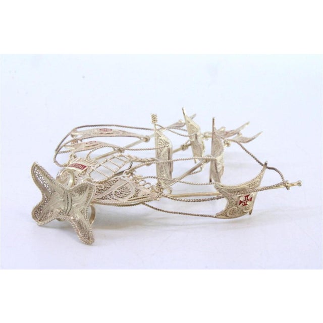 Silver Filigree Caravel with Enamelled Crosses For Sale - Image 4 of 7