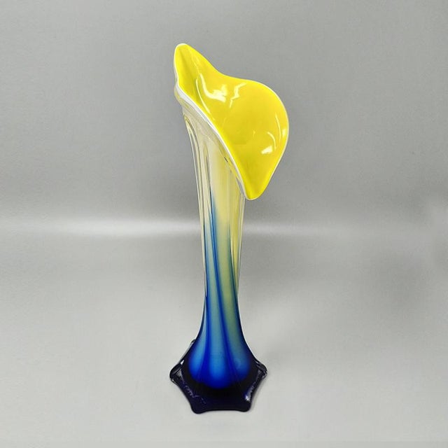 1960s Astonishing yellow and blue Jack in the Pulpit "Calla Lily" vase in Murano glass. Made in Italy. The item is in...
