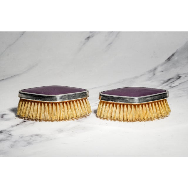 Wonderful Antique English Hallmarked Sterling Silver Vanity Brush Set Presentation Box Purple Celluloid Guilloché Style Edwardian Home Decor For Sale - Image 9 of 18