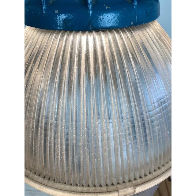 Industrial Bauhaus Factory Pendant Lamp in Blue Holophane Glass, 1920s For Sale - Image 4 of 9