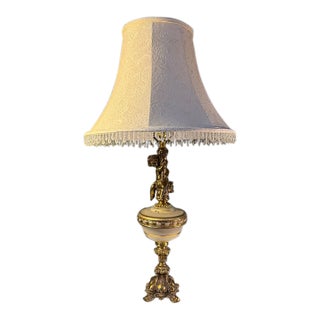 Vintage Hollywood Regency Cherub Putti Ivory & Gold Table Lamp - = Original Fringed Shade For Sale
