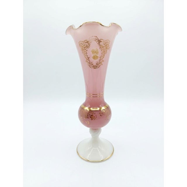 Mid-Century Modern Vintage Italian Pink Opaline Glass Cameo Trumpet Vase, 1960s For Sale - Image 3 of 3