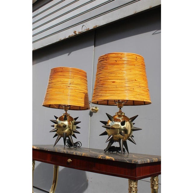Italian Table Lamps in Brass, Metal & Bamboo, 1950s, Set of 2 For Sale - Image 4 of 17