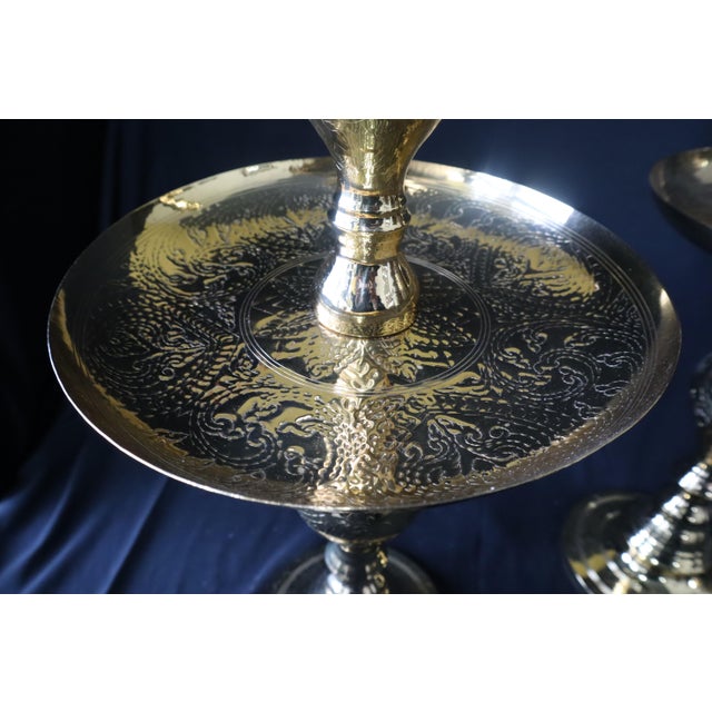 Religious Pair of Large Brass Catholic Altar Candle Stands With Wax Catchers For Sale - Image 3 of 4