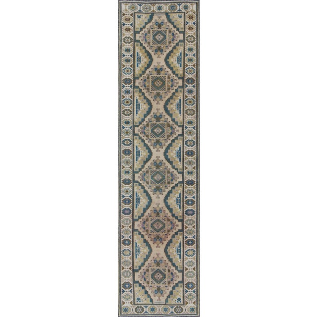 Cream Teal, Green, Blue and Yellow Vintage Turkish Oushak Runner With Geometric Design For Sale - Image 8 of 8