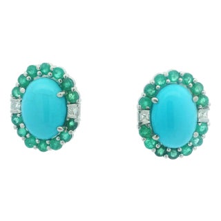 1960s Italian Platinum Earrings With Persian Turquoise, Emeralds & Diamonds, A Pair For Sale