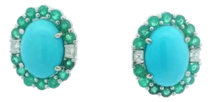 1960s Italian Platinum Earrings With Persian Turquoise, Emeralds & Diamonds, A Pair