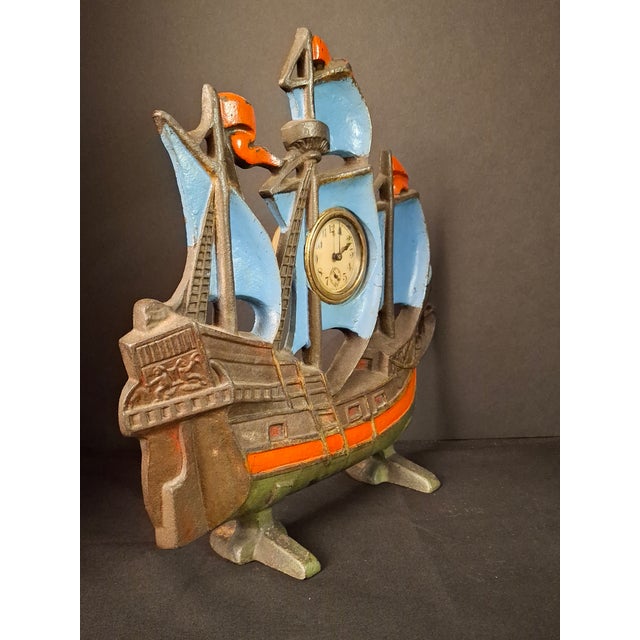 1920s Antique Cast Iron Ship Mantel Clock Connecticut Foundry Waterbury Movement 1920s For Sale - Image 5 of 18