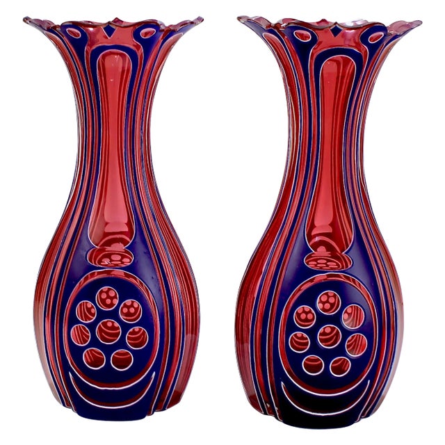 Antique Three-Color Blue, White & Cranberry Overlay Bohemian Cut Glass Vases - a Pair For Sale