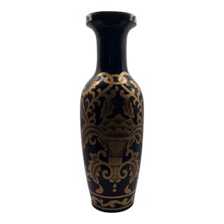 Antique Chinese Cloisonné Enamel Vase 24” Black Gold Floral Urn C1900 For Sale