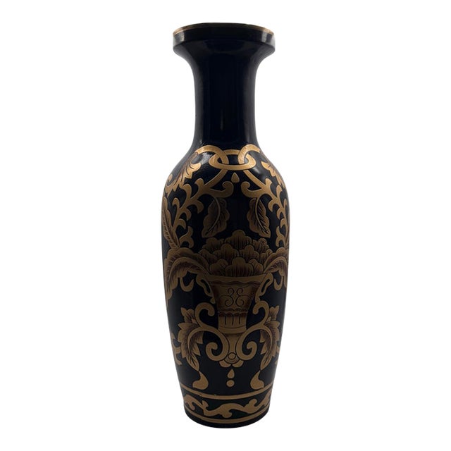 Antique Chinese Cloisonné Enamel Vase 24” Black Gold Floral Urn C1900 For Sale