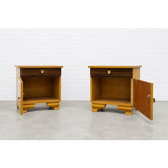 Pair - Mid Century Dutch Modern Nightstands | Art Deco Bedside Tables, C. 1950's For Sale - Image 4 of 11