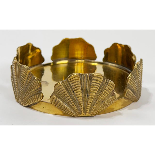 Vintage round brass wine bottle coaster or trinket dish lined in embossed clam shells. Alternative use as pillar candle...