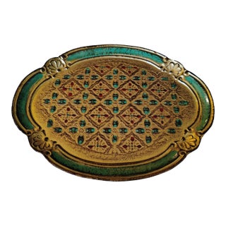 Vintage Italian Florentine Giltwood Tray – Ornate Gold Turquoise Red Oval Centerpiece For Sale