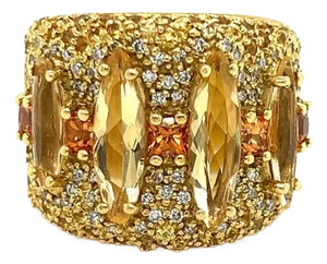 Guild Diamond Sapphire & Citrine 18k Yellow Gold Wide Band Ring - Size 6