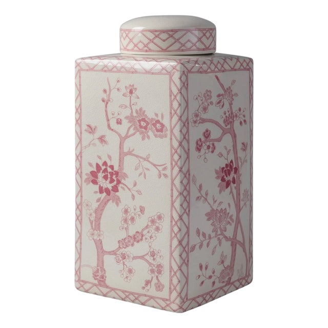 Jardin Blush Chinoiserie Tea Caddy Jar, Large For Sale